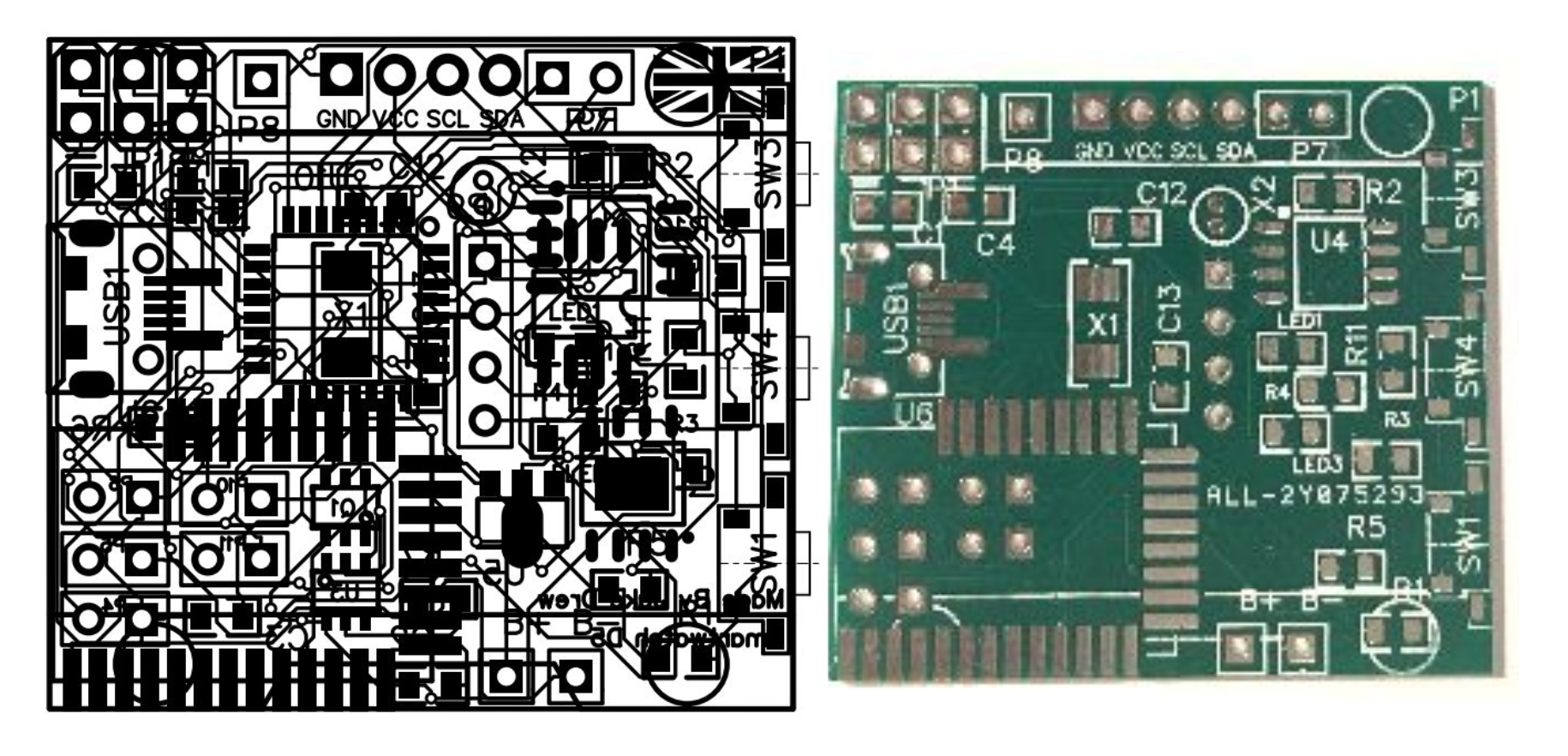 v1 layout and the bare fabbed board seven-five